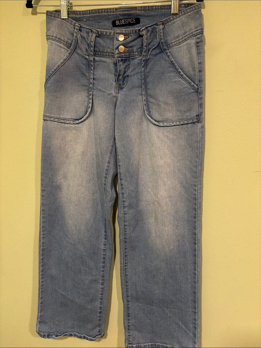 Blue Spice Faded Light Blue Wide Leg Jeans with Front Patch Pockets